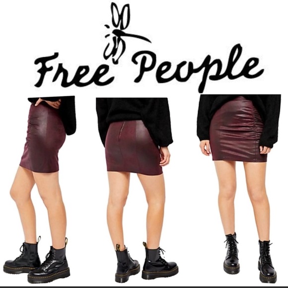 NWT Free People Burgundy Vegan Faux Leather Mini Skirt - Picture 2 of 6
